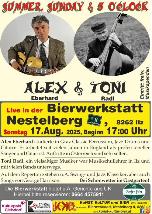 Plakat Rückblick Alex Eberhard Termin: 17.08.2025 00:00 Ort: Bierwerkstatt Richard GrafA-8262 Ilz, Nestelberg 8 Eintritt: freiwillige Spende