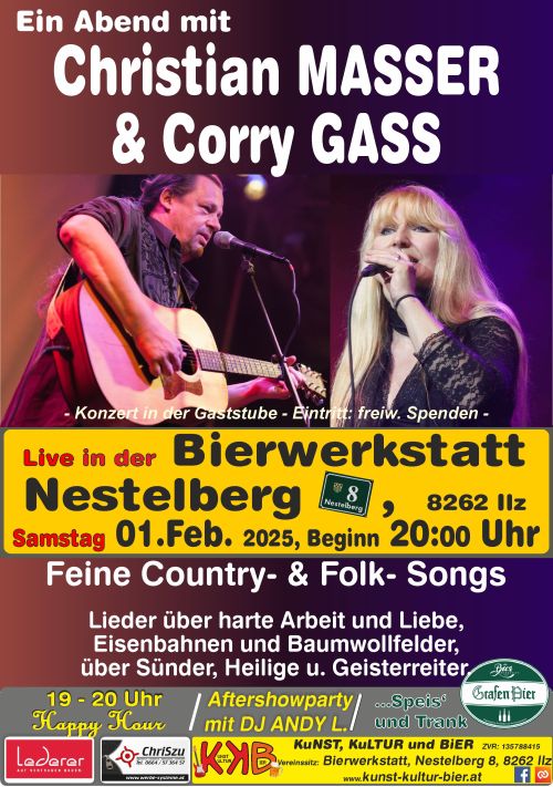 Plakat Rückblick Christian Masser & Corry Gass Termin: 01.02.2025 00:00 Ort: Bierwerkstatt Richard GrafA-8262 Ilz, Nestelberg 8 Eintritt: freiwillige Spende