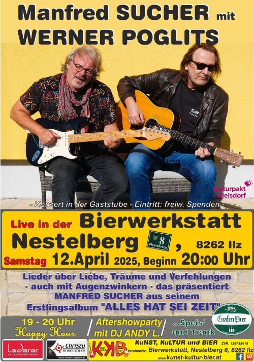 Plakat Rückblick MANFRED SUCHER (mit Werner Poglits) Termin: 12.04.2025 00:00 Ort: Bierwerkstatt Richard GrafA-8262 Ilz, Nestelberg 8 Eintritt: freiwillige Spende