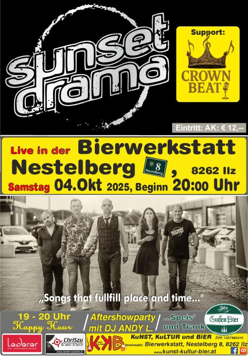 Plakat Rückblick Sunset Drama Termin: 04.10.2025 00:00 Ort: Bierwerkstatt Richard GrafA-8262 Ilz, Nestelberg 8 Eintritt: freiwillige Spende
