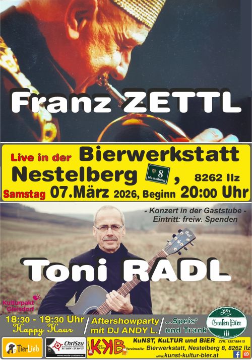Plakat Rückblick 7.3.2026 Franz Zettl und Toni Radl Termin: 07.03.2026 20:00 Ort: Bierwerkstatt Richard GrafA-8262 Ilz, Nestelberg 8 Eintritt: freiwillige Spende