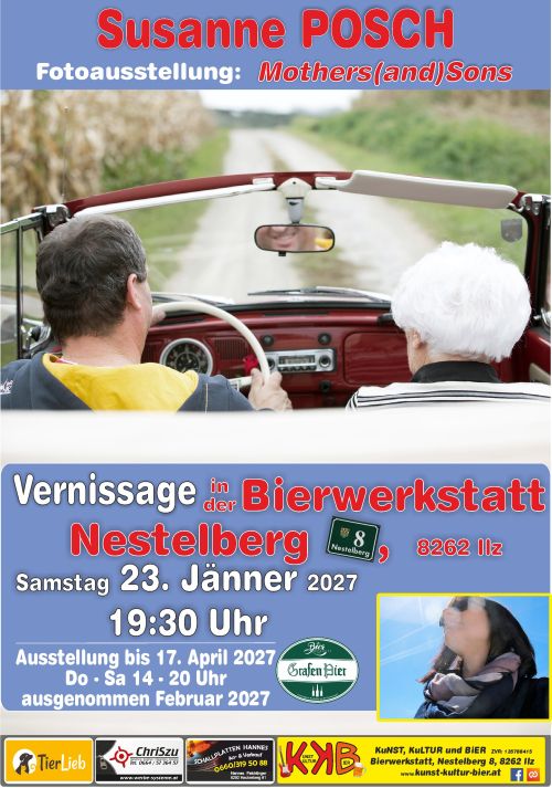 Plakat Vernissage Susanne Posch Termin: 23.01.2027 19:30 Ort: Bierwerkstatt Richard GrafA-8262 Ilz, Nestelberg 8 Ausstellung bis: 17.04.2027 Öffnungszeiten: Donnerstag - Samstag 14:00 - 18:00 Uhr sowie zu den KKB Events ausgenommen Februar 2027